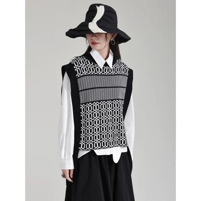 Women's Black Irregular Pattern Knitting Vintage Vest with unique design and comfortable cotton-polyester blend