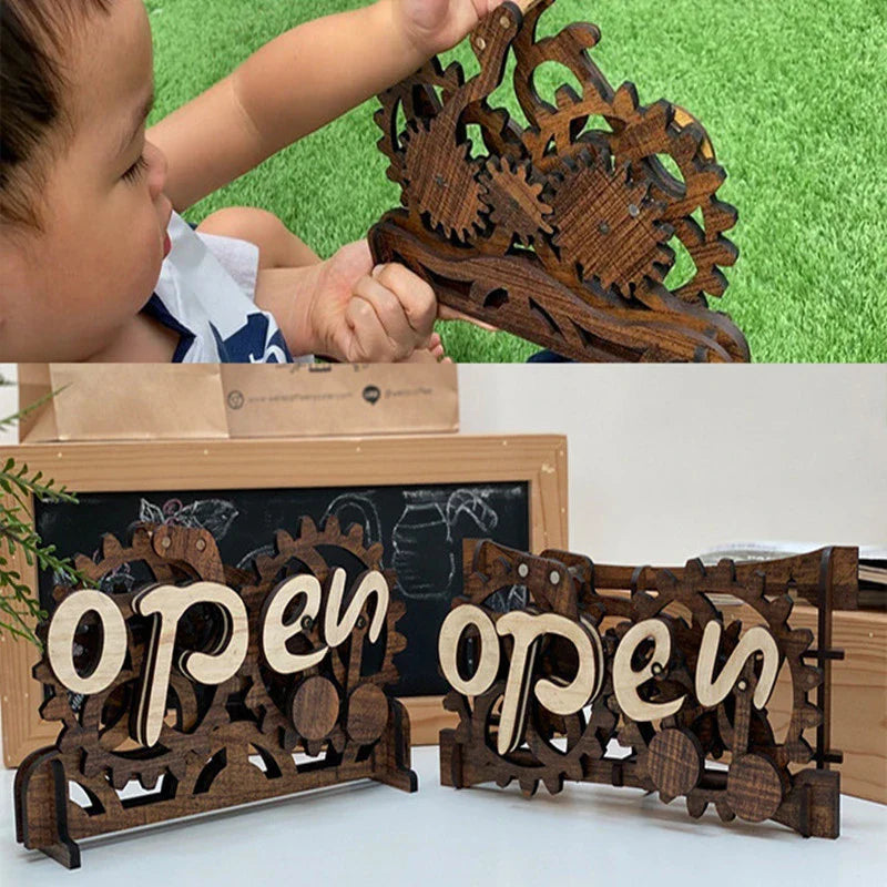 Charming open/closed sign with manual gear mechanism, made of New Zealand pine wood with Kiwiana-inspired design