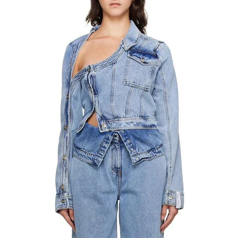 A stylish patchwork denim jacket with an irregular hem, perfect for New Zealand fashion enthusiasts.