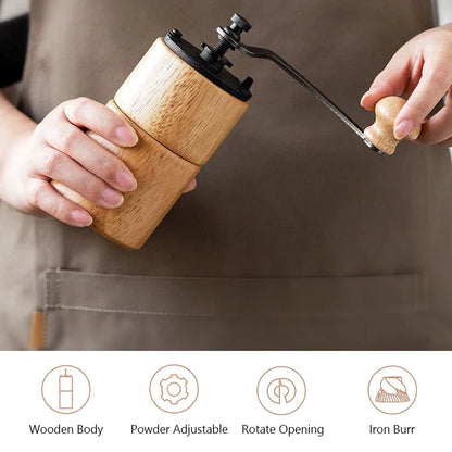 Elegant wooden manual coffee grinder with premium steel conical burr for consistent grinding and optimal coffee flavour.