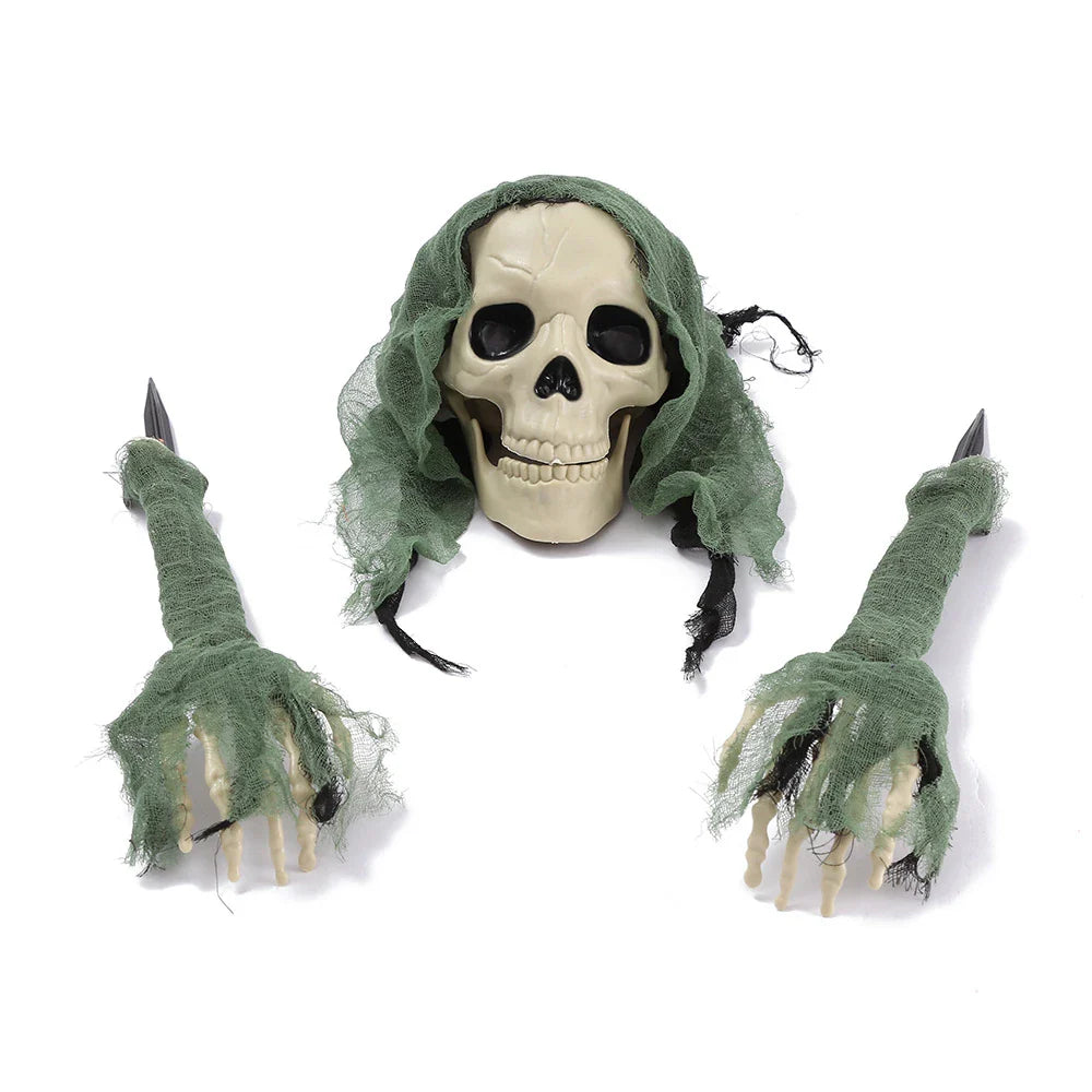 Three handsome skull decorations in green, red, and grey colours for Halloween, Christmas, and Easter celebrations