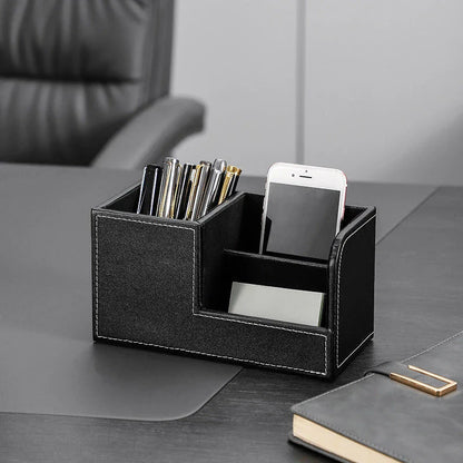 Stylish leather pen organiser in black and brown colours, designed for modern Kiwi workspaces