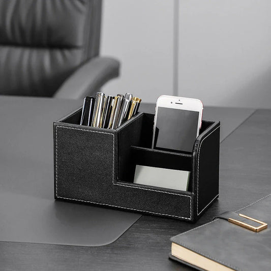 Stylish leather pen organiser in black and brown colours, designed for modern Kiwi workspaces