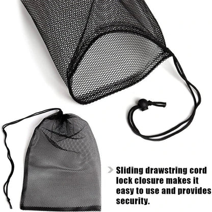 Nylon mesh drawstring storage bag in various sizes, suitable for storing sports gear, laundry, and more