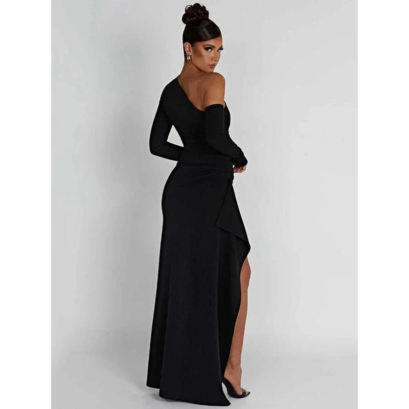 Elegant oblique shoulder maxi dress with backless design and thigh-high split for upscale evening events