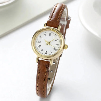 Elegant brown leather quartz watch with minimalist design, perfect for Kiwi women