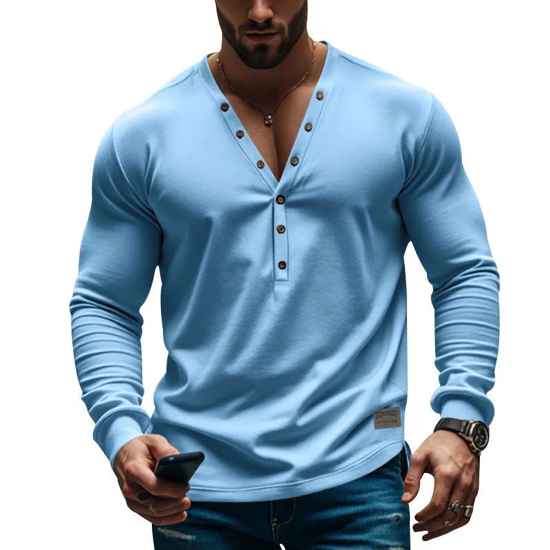 Sleek and stylish slim-fit buttoned v-neck top for the modern Kiwi man, featuring premium synthetic fabric and a versatile design.