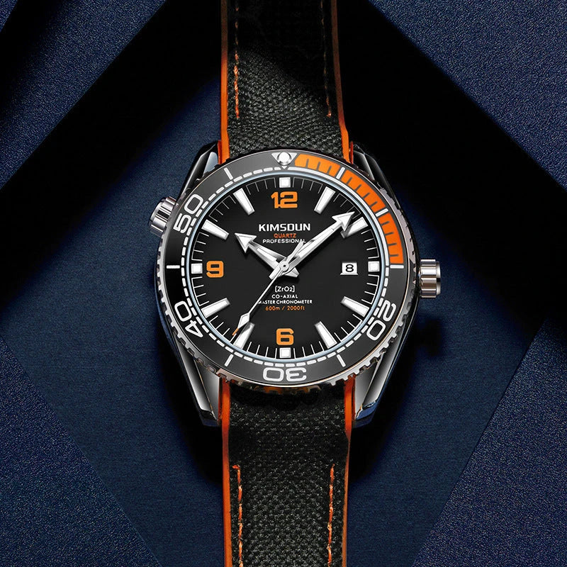 Stylish silver mechanical watch with luminous hands and indices, transparent bottom, and orange accent circle