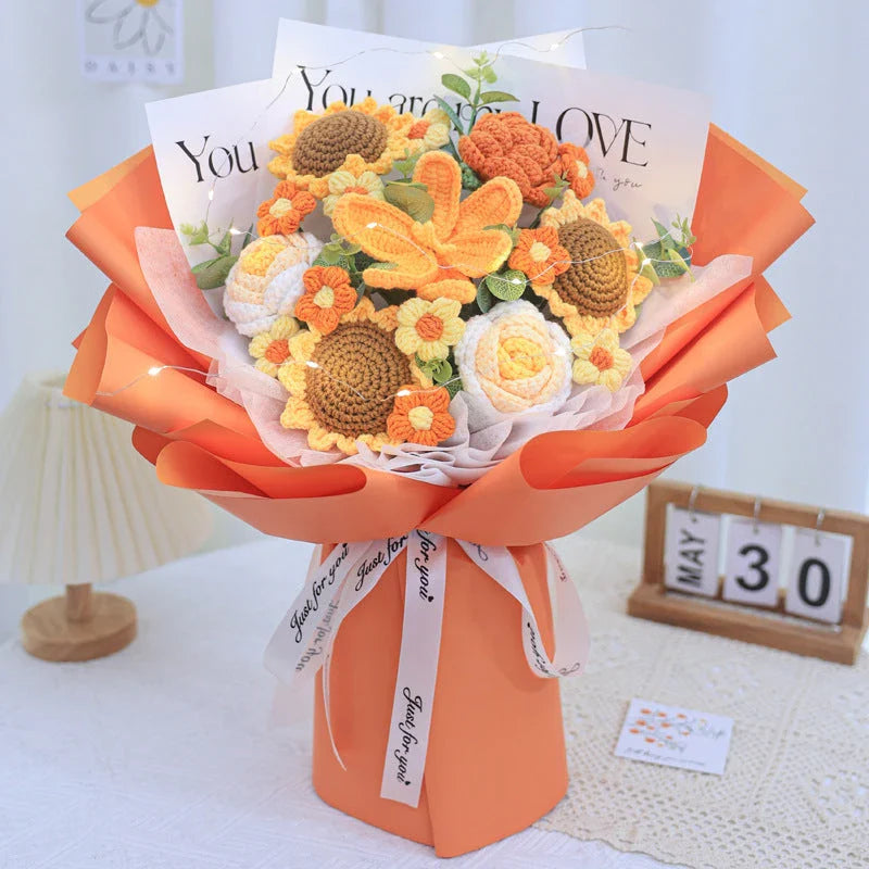 Stunning knitted flower bouquet with vibrant, candied flowers and LED lighting