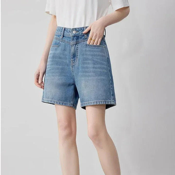 Stylish and high-waisted denim shorts for Kiwi women, featuring a straight-leg design and premium cotton construction for comfort and durability.