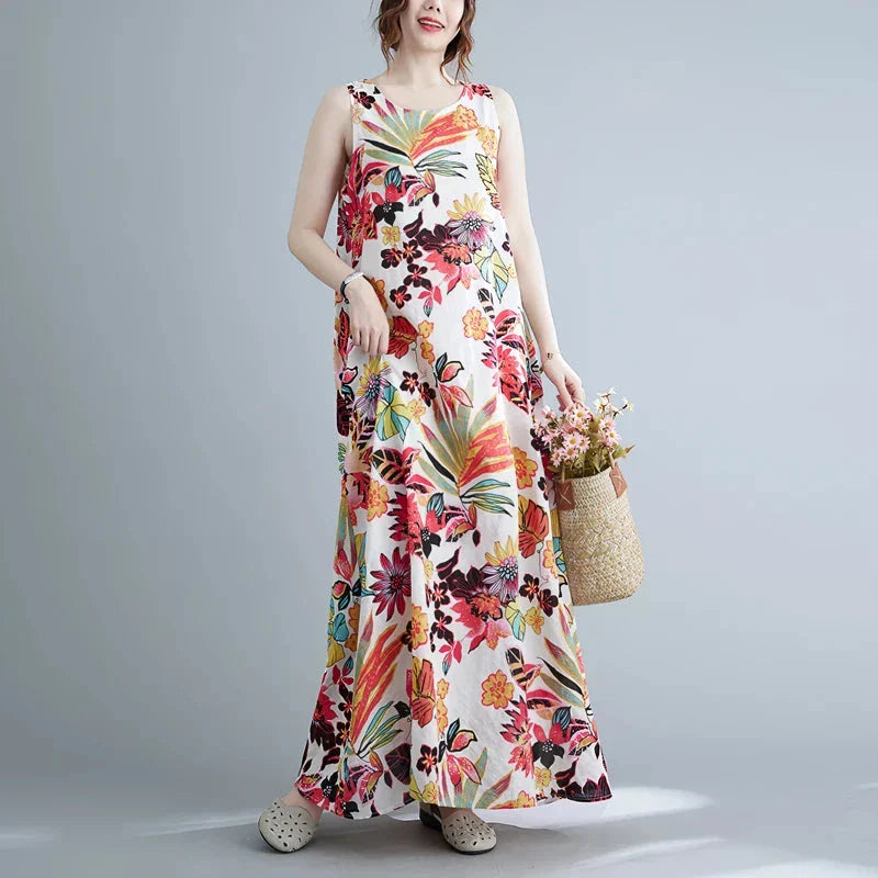 Elegant floral print cotton linen long dress with a classic O-neck and flattering A-line silhouette, perfect for Kiwi women's warm-weather style