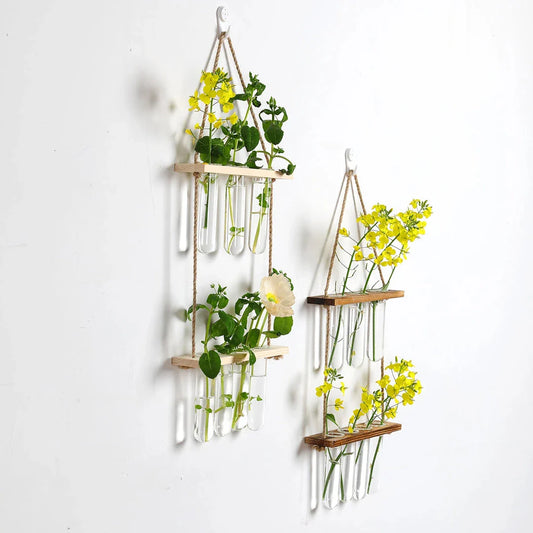 Elegant Bamboo Hydroponic Wall Vase with Glass Tube and Wooden Frame