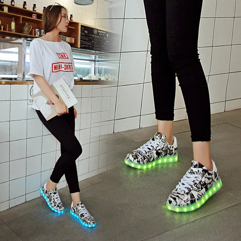 Trendy Luminous Shoes with graffiti-inspired design and vibrant LED lights