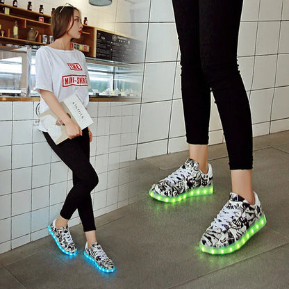 Trendy Luminous Shoes with graffiti-inspired design and vibrant LED lights