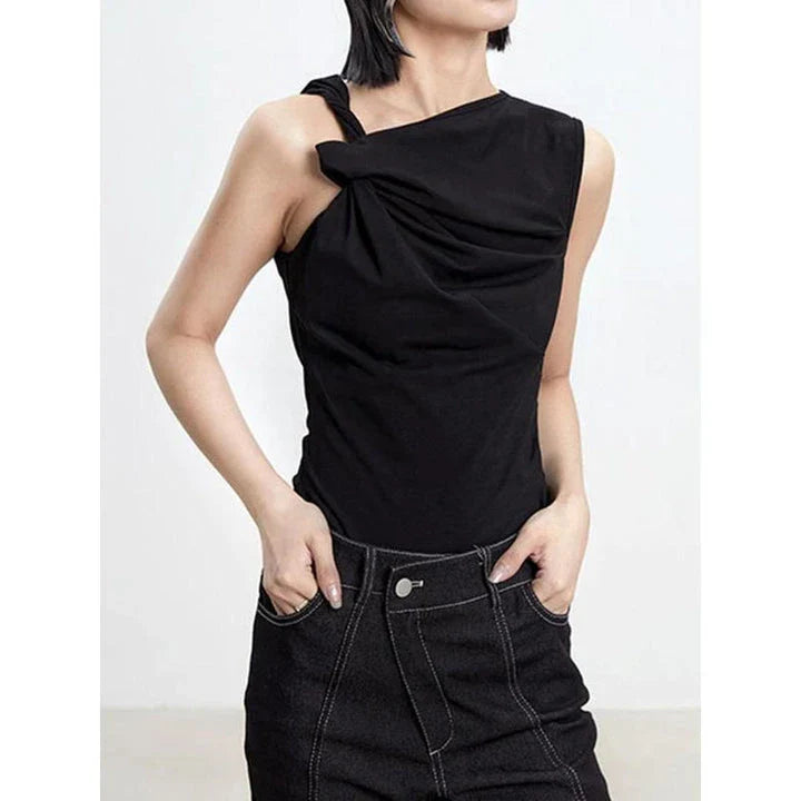 Elegant asymmetric sleeveless tank top with unique folds, perfect for Kiwi fashion