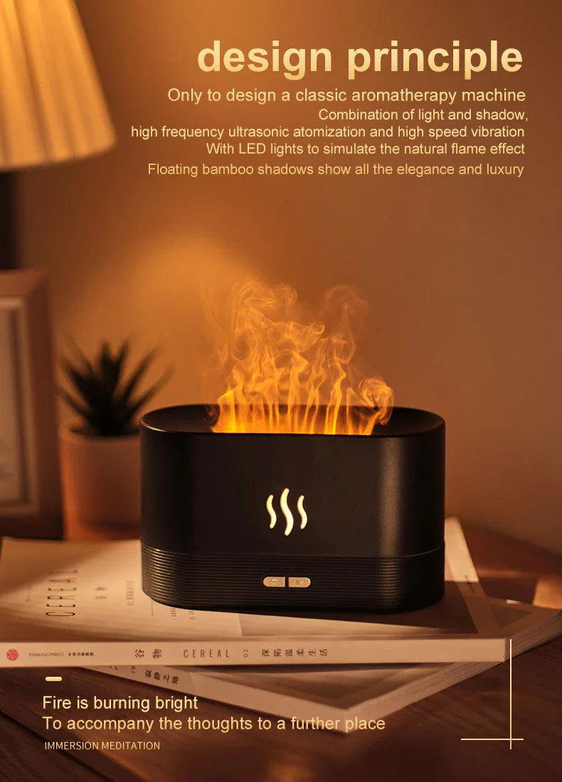 Captivating flame-effect aroma diffuser with customisable lighting and essential oil diffusion capabilities