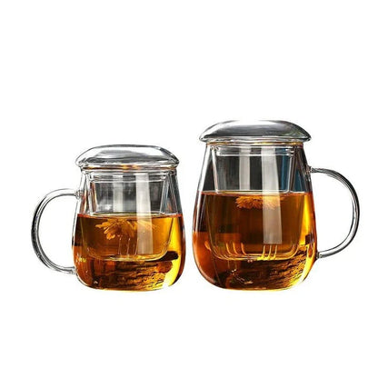 A sleek, minimalist glass tea mug with a touch of Chinese-inspired elegance, perfect for enjoying hot or cold beverages.