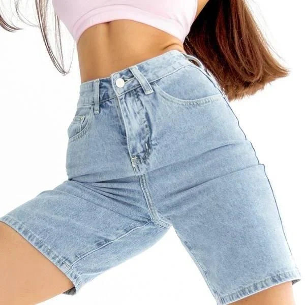 Classic blue knee-length denim shorts with high-waisted design, button fly closure, and wide-leg silhouette