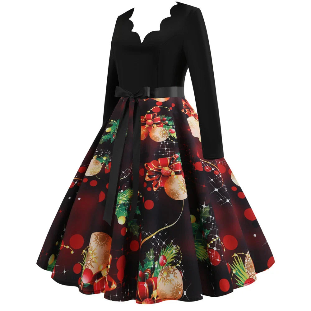 Stylish Kiwi Dress: A long-sleeved printed v-neck dress with a mid-length swing skirt, designed for everyday comfort and Kiwi-inspired fashion