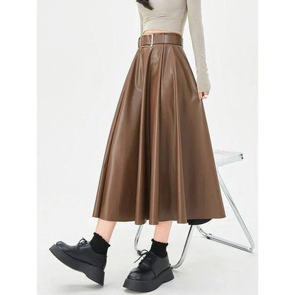 Elegant high-waist faux leather skirt with stylish belt, perfect for office or casual wear