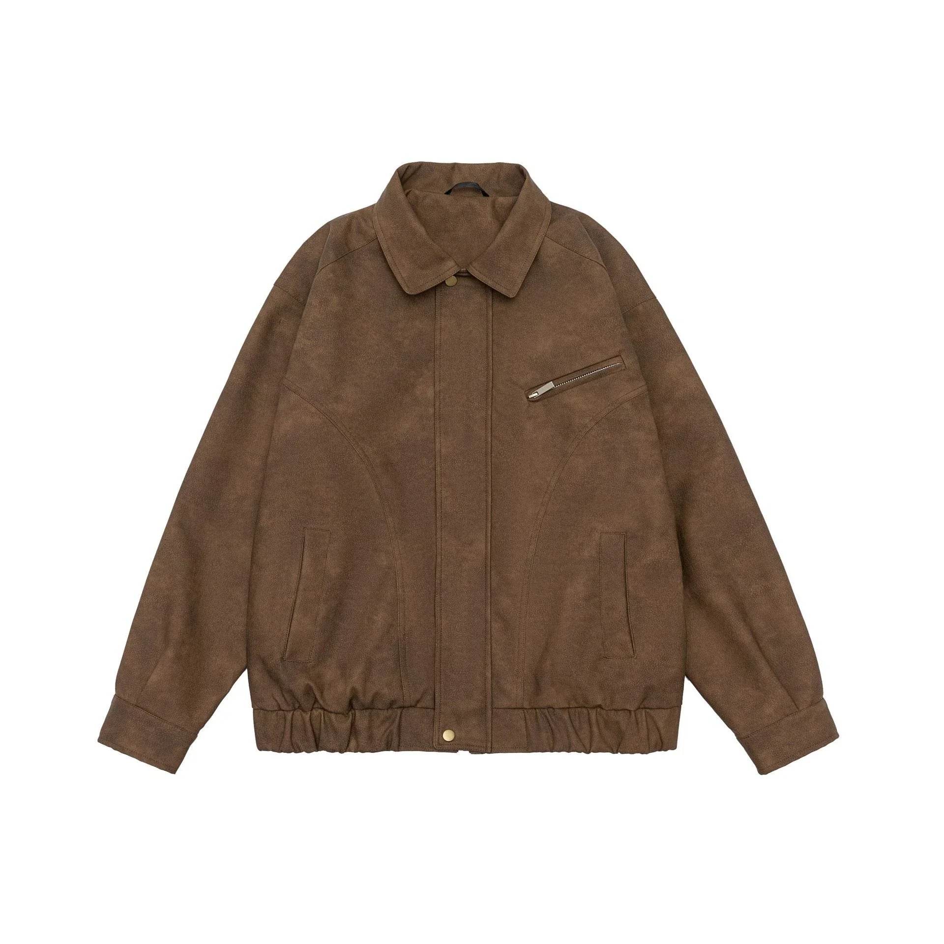 Kiwi-inspired leather jacket with a relaxed, loose fit and classic design elements