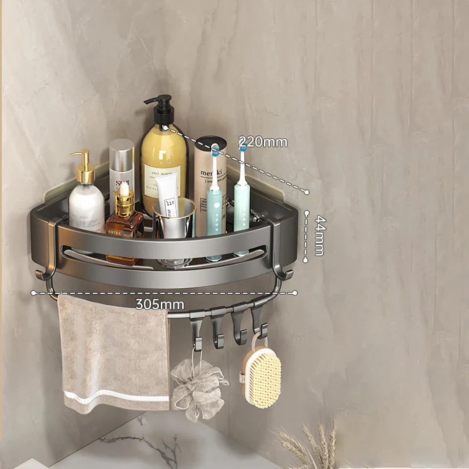 Adhesive Bathroom Shampoo Holder with dual-tier shelves in sleek grey aluminium alloy