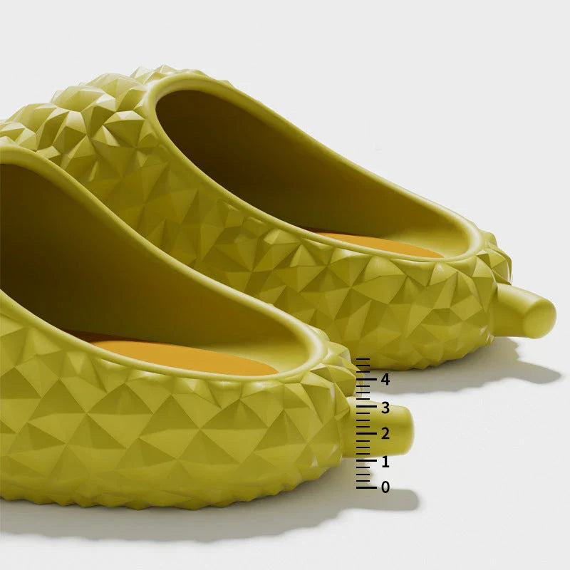 Durian-inspired slippers in vibrant Kiwi-friendly colours, featuring a non-slip EVA sole for comfort and safety