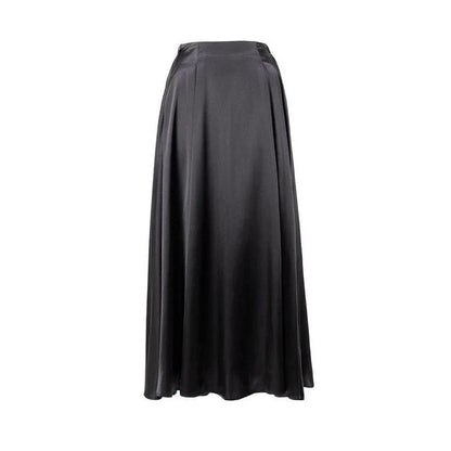 Elegant black satin maxi skirt with flattering empire waistline and ankle-length A-line silhouette, suitable for both formal and casual wear.