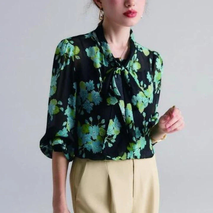 Elegant floral silk blend blouse with puff sleeves and bow collar, a timeless fashion statement for Kiwi women