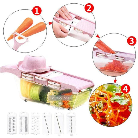 Stainless steel 6-in-1 vegetable cutter with interchangeable blades for slicing, shredding, and chopping a variety of fresh produce