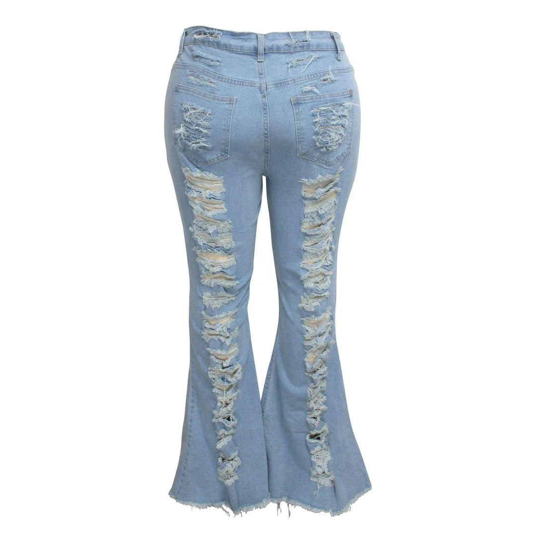 Stylish stretch denim flare jeans in black and light blue colors, featuring a high-waisted, bell-bottom design for a flattering, retro-inspired look.