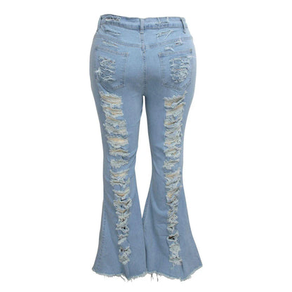 Stylish stretch denim flare jeans in black and light blue colors, featuring a high-waisted, bell-bottom design for a flattering, retro-inspired look.