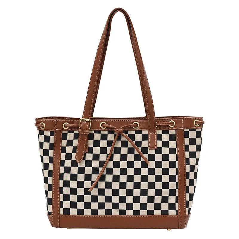 Black PU leather tote bag with a classic checkerboard pattern, perfect for everyday use in the Kiwi lifestyle