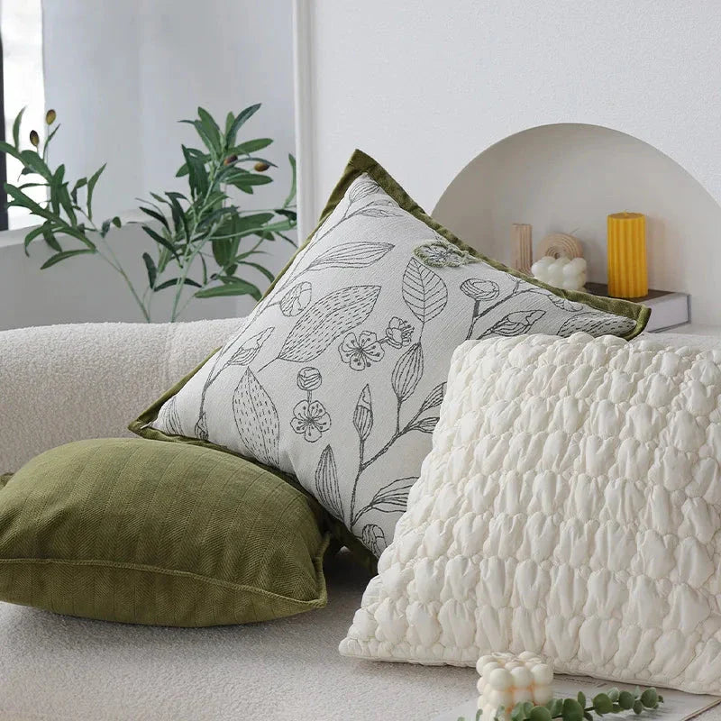 Cream Green Jacquard Cushion Cover - Decorative 45x45cm Pillow for Living Room, Bedroom, and Vehicle Decor