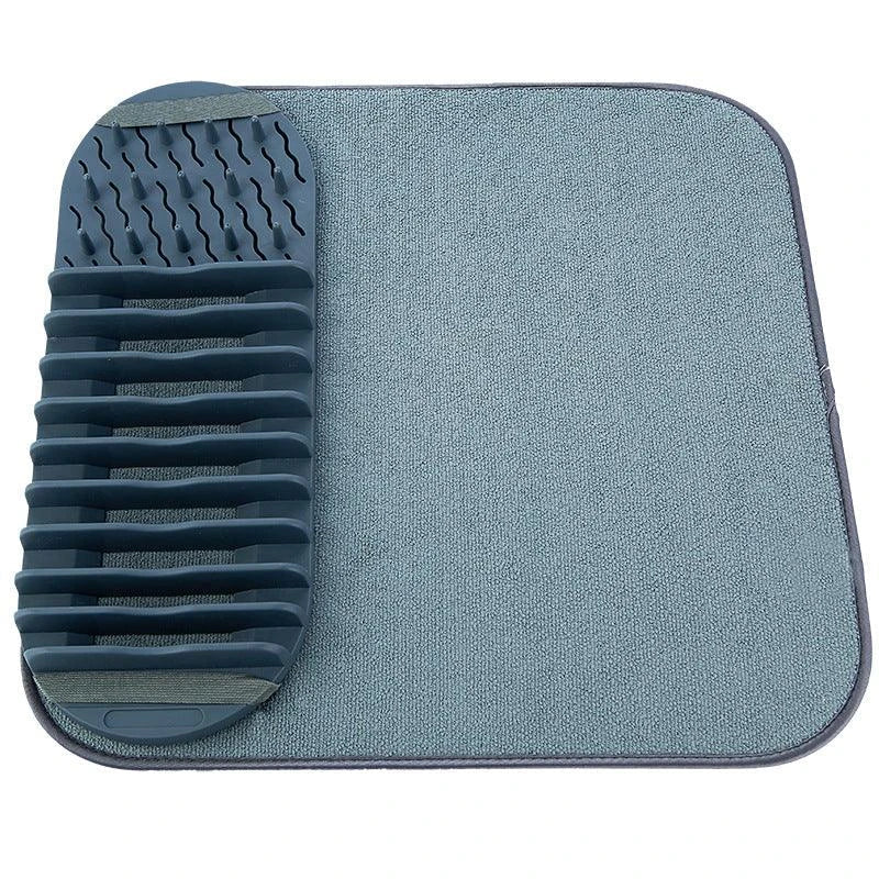 A modern, gray dish drying rack with convenient storage space for kitchen essentials, designed to declutter and streamline your Kiwi kitchen