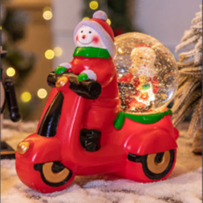 Festive music box Christmas decorations with motorcycle and snowman designs, perfect for adding Kiwiana charm to your holiday decor