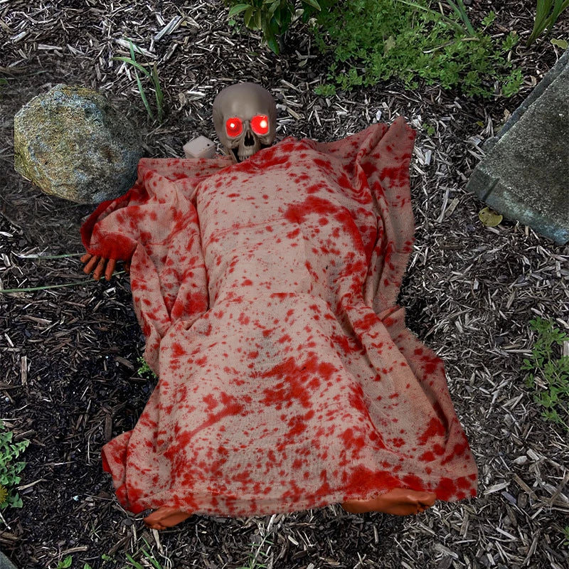 Voice-activated Corpse Prop with Bloodcurdling Cloth and Glowing Hair for Halloween Decoration