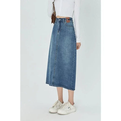 Classic Blue A-Line Midi Denim Skirt with premium denim blend and flattering A-line silhouette