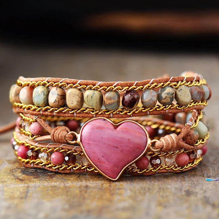 Handcrafted stone and leather bracelet with intricate woven design, made in New Zealand