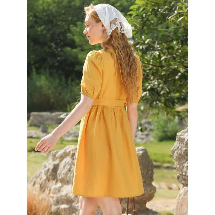 Stylish linen mini dress with puff sleeves and lace-up detail, perfect for Kiwi summer