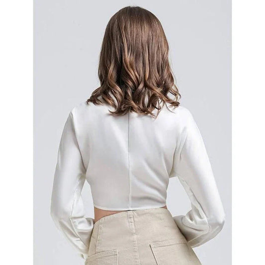 Elegant Vintage V-Neck Long Sleeve Crop Blouse in white, featuring a straight collar and single-button closure for a timeless, sophisticated look.