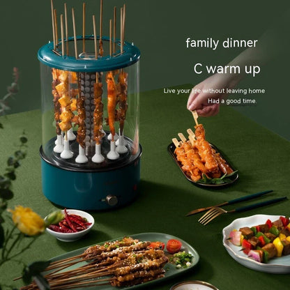 Automatic Multi-function Smoke-free Skewers Machine with ceramic cooking head, bamboo skewers, and insulated gloves