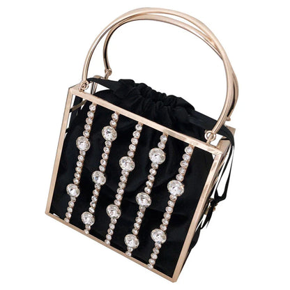 A stylish Kiwi-designed diamond-studded dinner bag with metallic accents, showcasing a range of premium features like lace, plaid, and sequins.