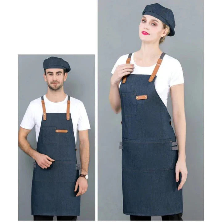 Long denim apron with matching chef's hat, perfect for Kiwi cooks of all levels