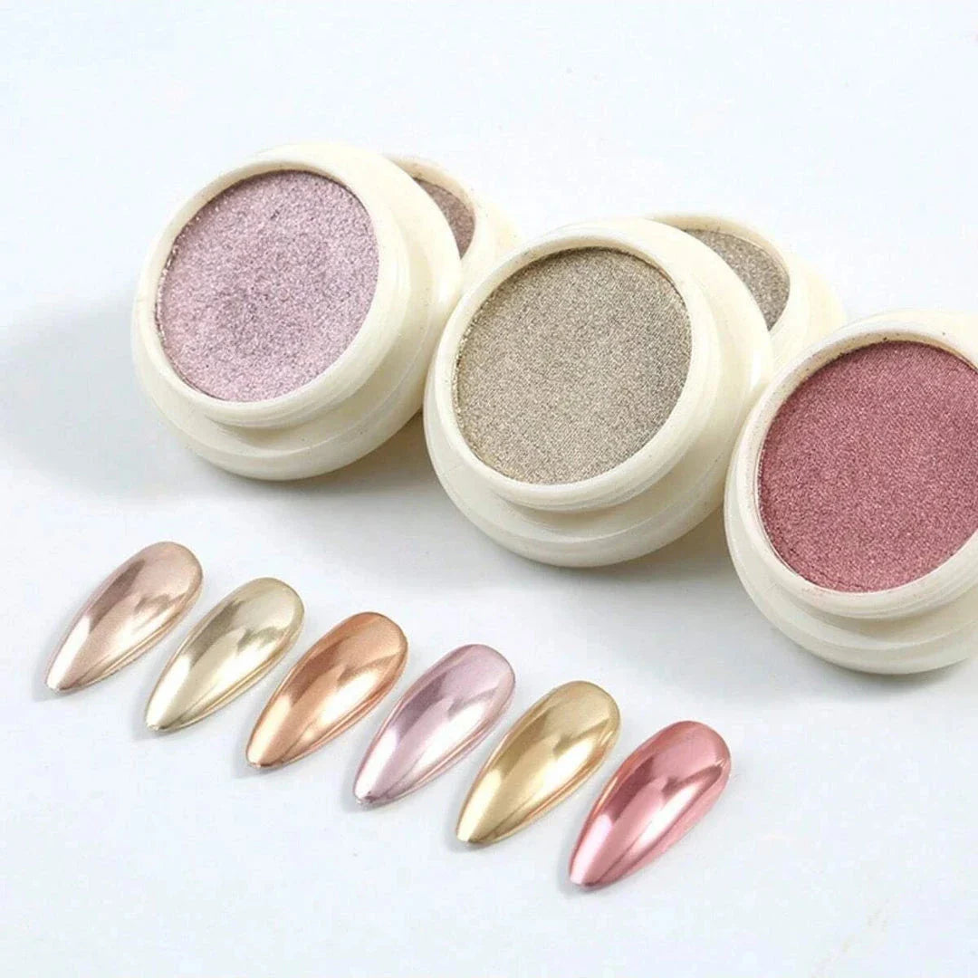 6 Piece Set of Metallic Glitter Nail Powder in Champagne, Rose Gold, Silver, Gold, Bronze, and Gunmetal Shades