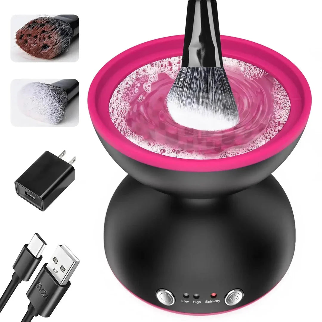 Compact electric makeup brush cleaner and dryer with USB-powered, silicone-crafted, and automatic cleaning features