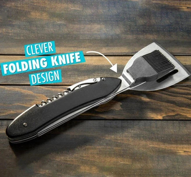 A versatile 5-in-1 stainless steel BBQ grilling tool with various attachments for flipping burgers, searing steaks, and skewering veggies.