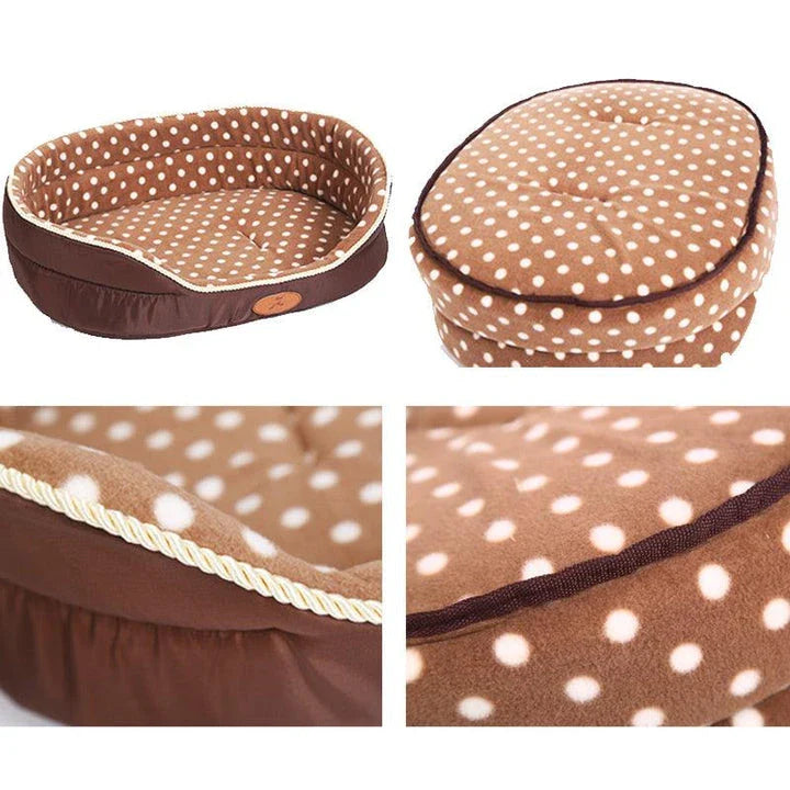 Comfy Kiwi Pup Bed with Soft Plush Material and Polka Dot Pattern