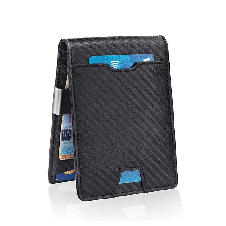 A stylish black leather card holder with a money clip, featuring carbon fibre accents for a sleek, modern look.