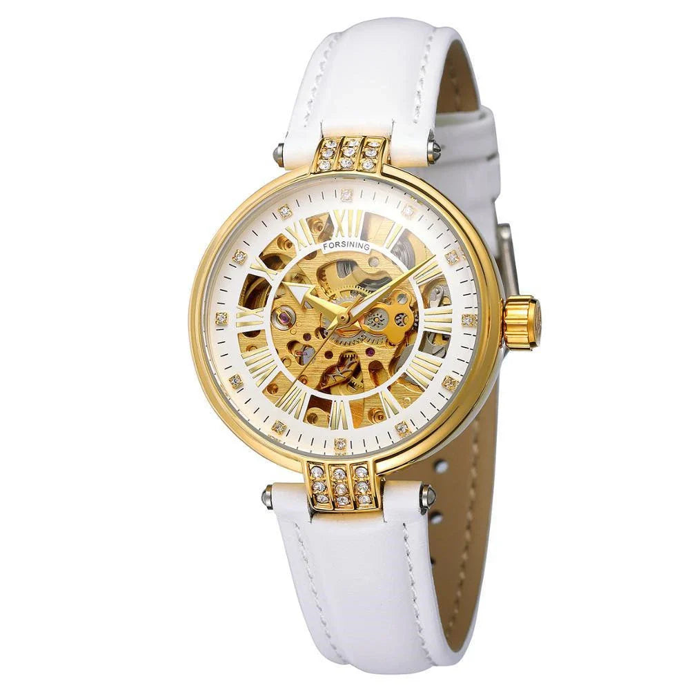 Kiwi-Crafted Forsining Ladies Fashion Casual Hollow Waterproof Automatic Mechanical Watch in White